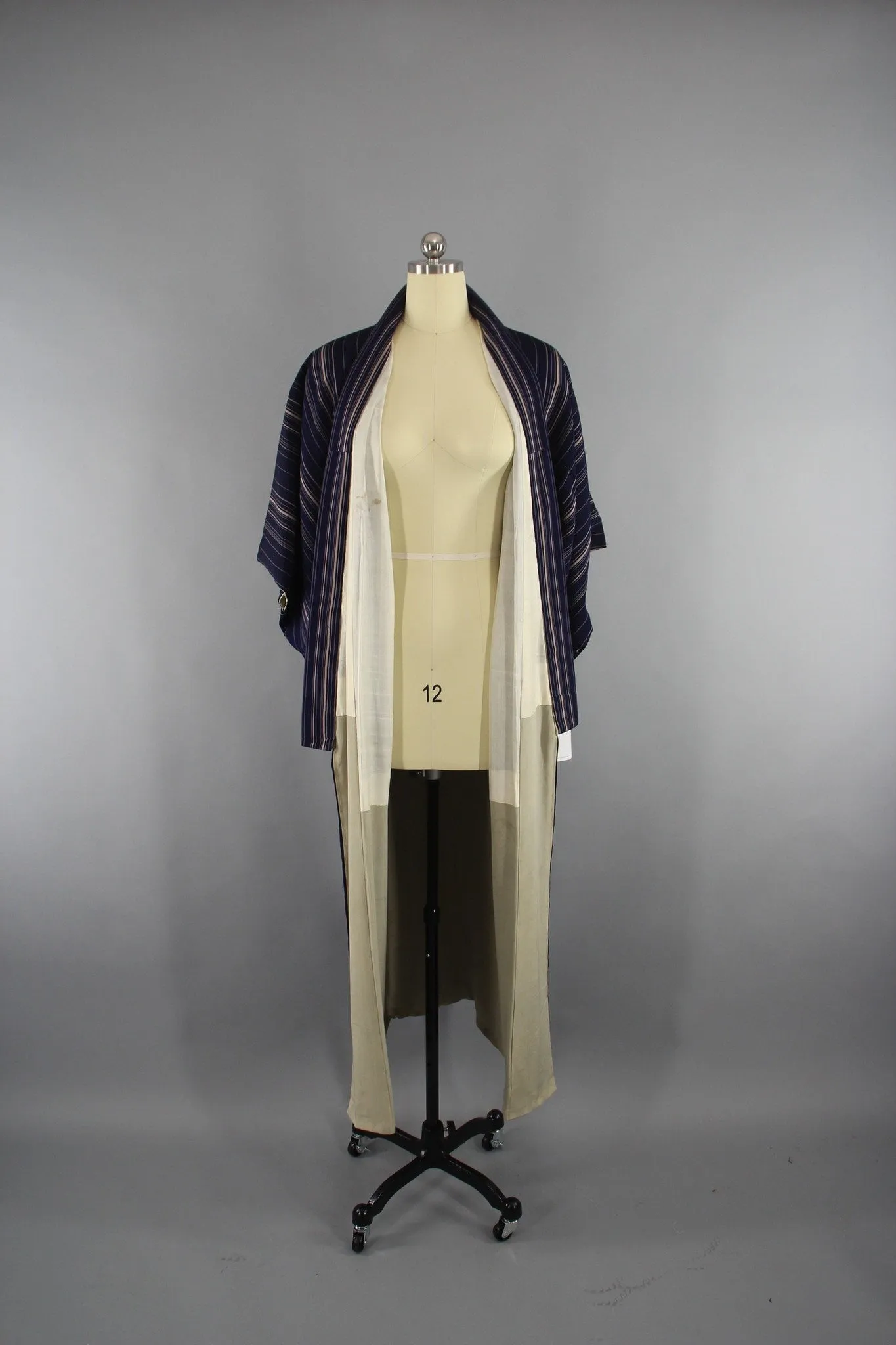 1950s Vintage Silk Kimono Robe with Blue Stripes