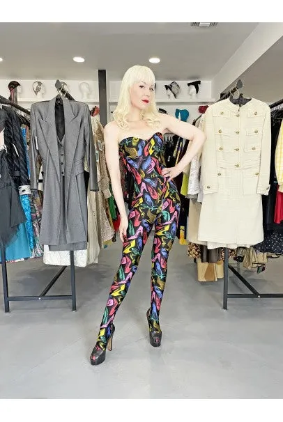 1991 Salvatore Ferragamo Runway Novelty Shoe Print Strapless Jumpsuit