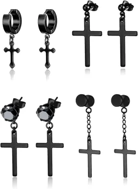 4 Pairs Stainless Steel Dangle Hinged Hoop Earrings Huggie Earrings Piercing CZ Stud for Men Women Silver Gold Black Tone
