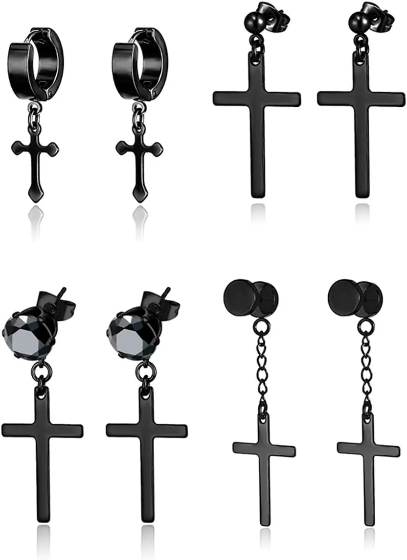 4 Pairs Stainless Steel Dangle Hinged Hoop Earrings Huggie Earrings Piercing CZ Stud for Men Women Silver Gold Black Tone