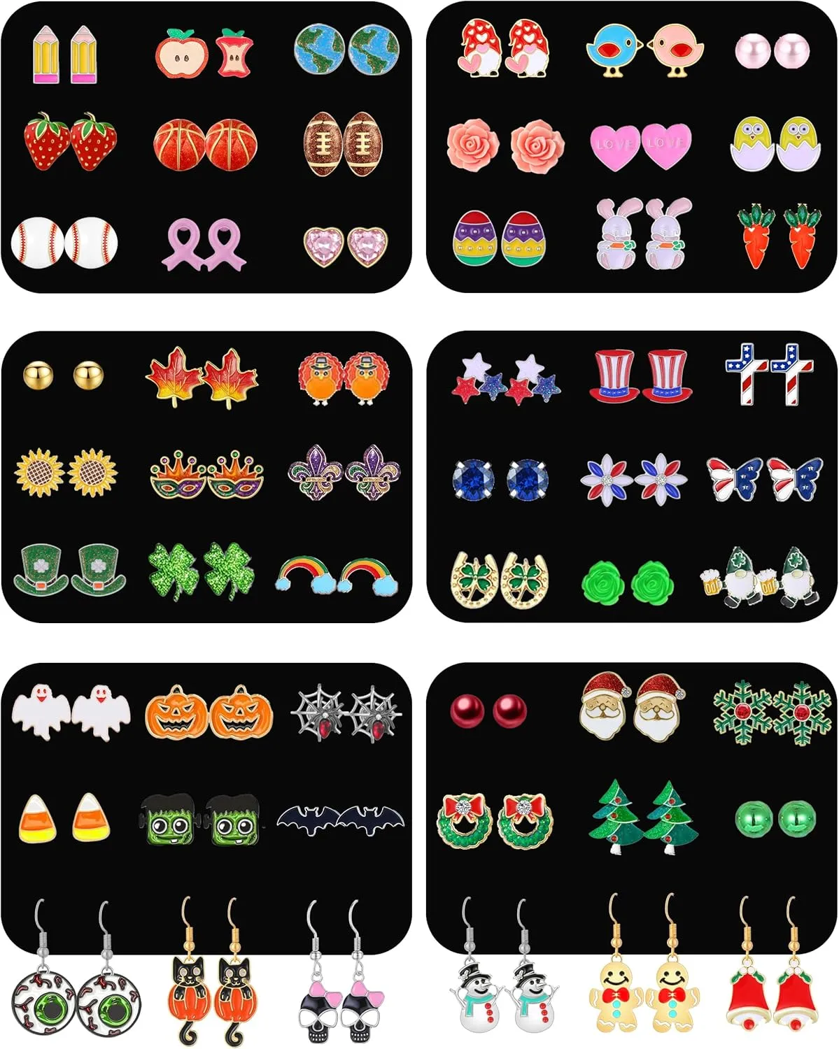 54 Pairs Hypoallergenic Holiday Earrings Set for Girls Women Halloween Christmas Fall Thanksgiving Earrings Valentine's Day St. Patricks Day Easter 4th of July Earring