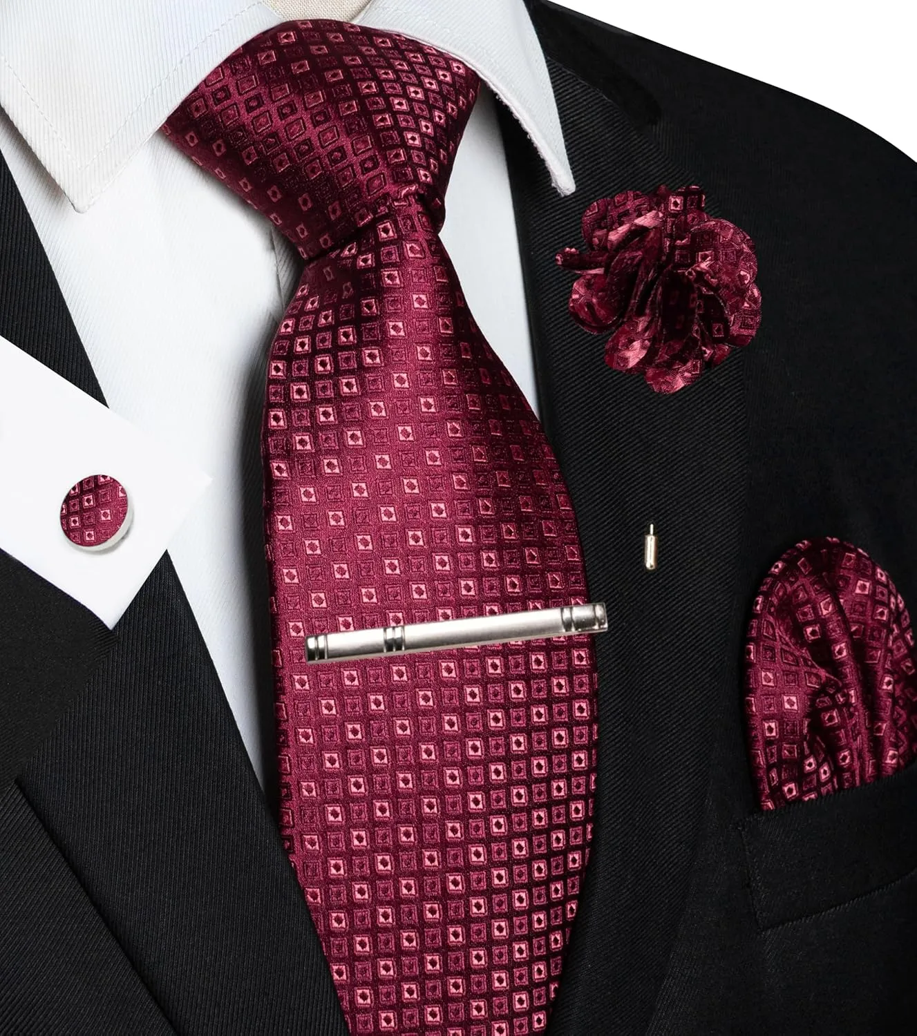 5PCS Tie Woven Casual Necktie and Pocket Square Cufflinks with Lapel Pin Tie Clip Sets for men (with Gift Box)
