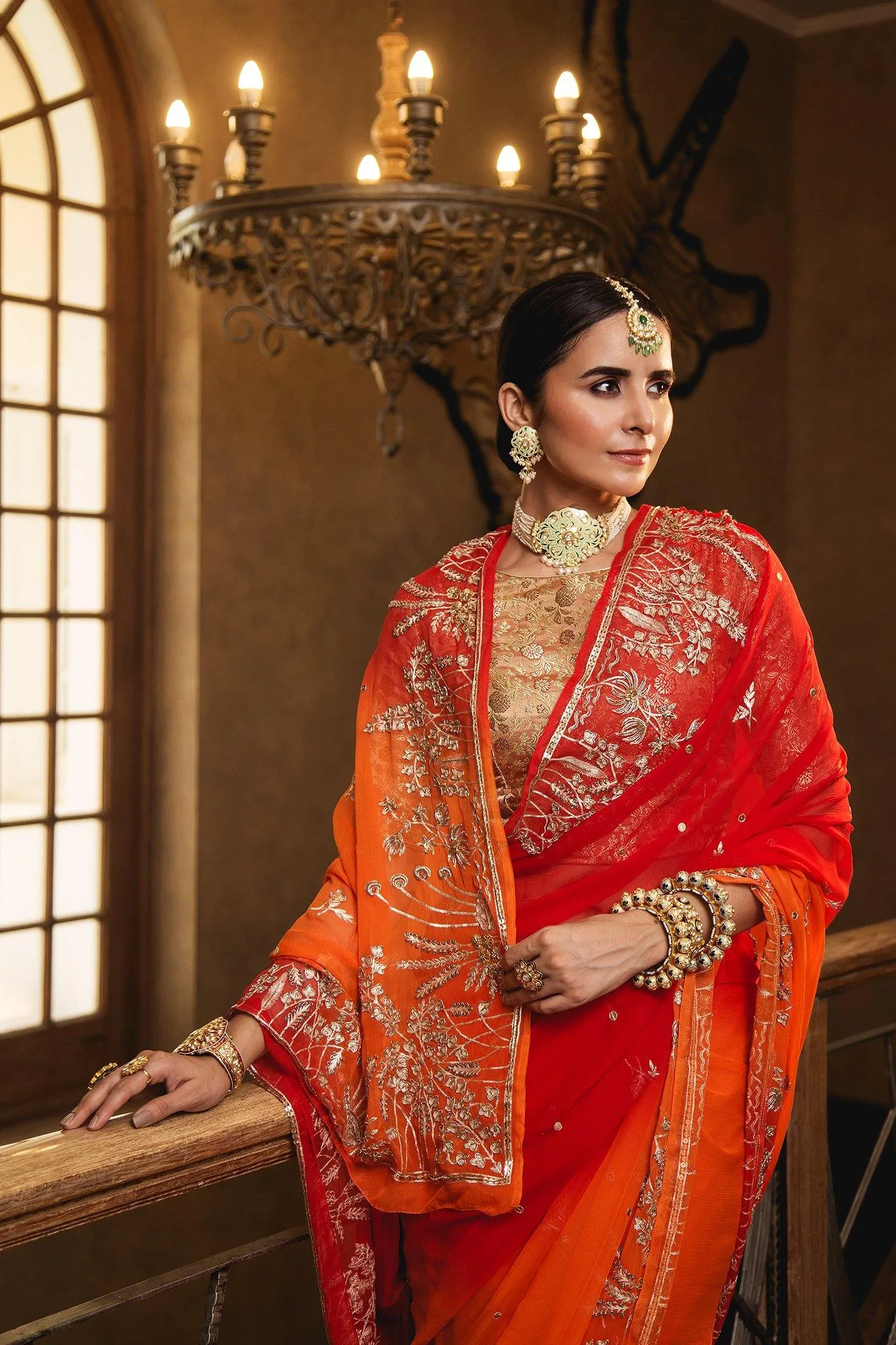 Aari Zardosi Red & Orange Pure Chiffon Saree