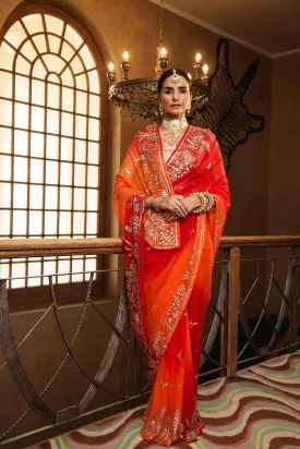 Aari Zardosi Red & Orange Pure Chiffon Saree