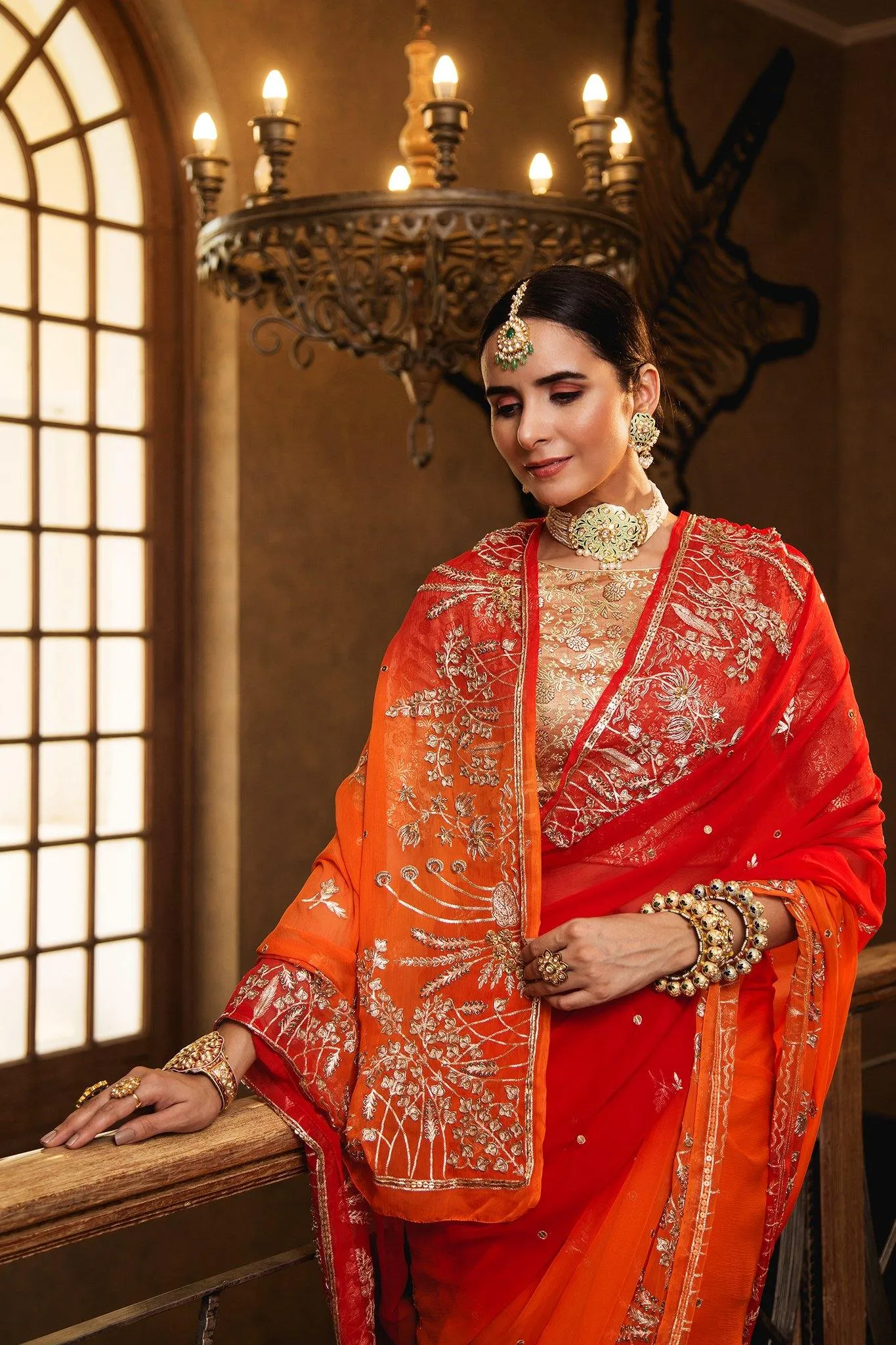 Aari Zardosi Red & Orange Pure Chiffon Saree