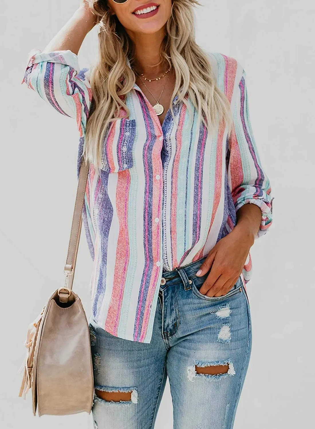 Astylish Women V Neck Striped Roll up Sleeve Button Down Blouse Tops