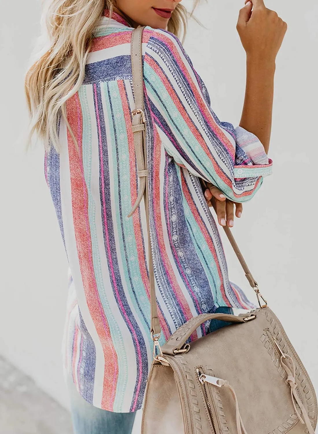 Astylish Women V Neck Striped Roll up Sleeve Button Down Blouse Tops