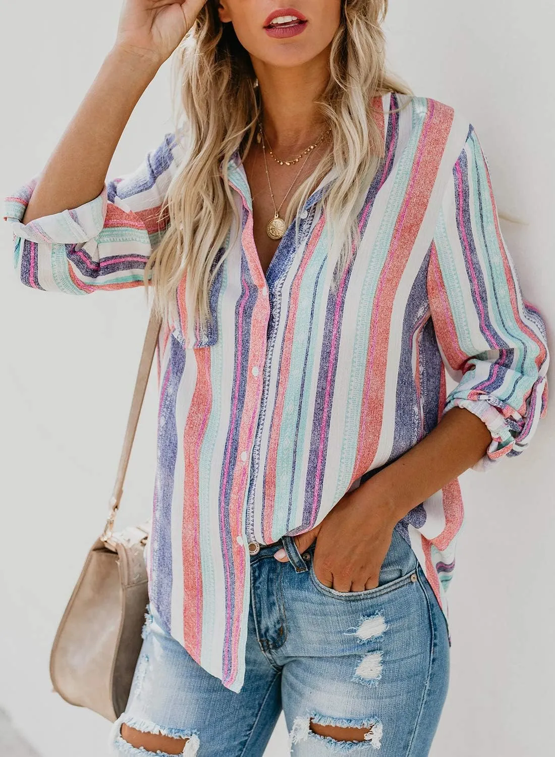 Astylish Women V Neck Striped Roll up Sleeve Button Down Blouse Tops