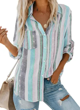 Astylish Women V Neck Striped Roll up Sleeve Button Down Blouse Tops