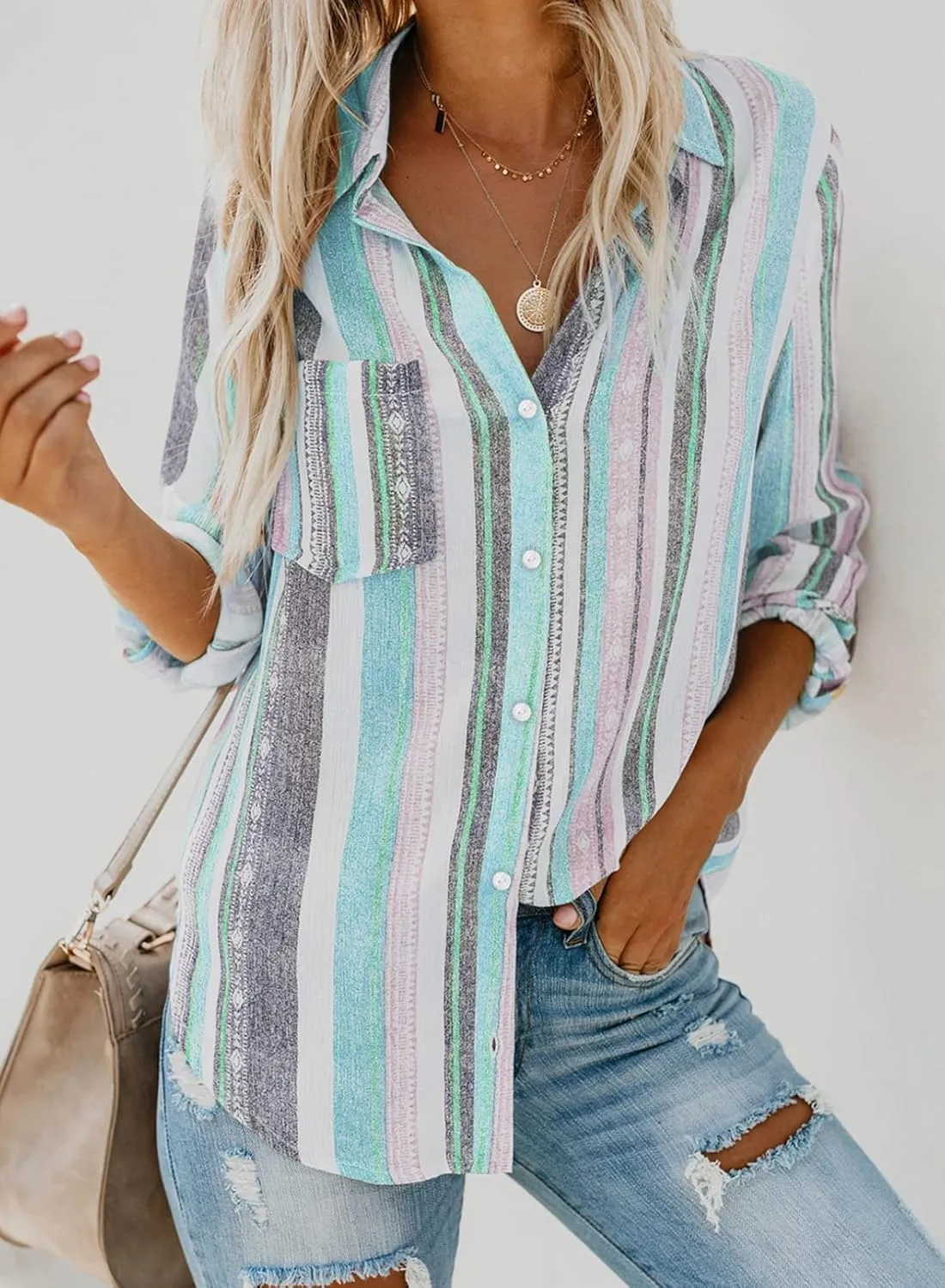 Astylish Women V Neck Striped Roll up Sleeve Button Down Blouse Tops