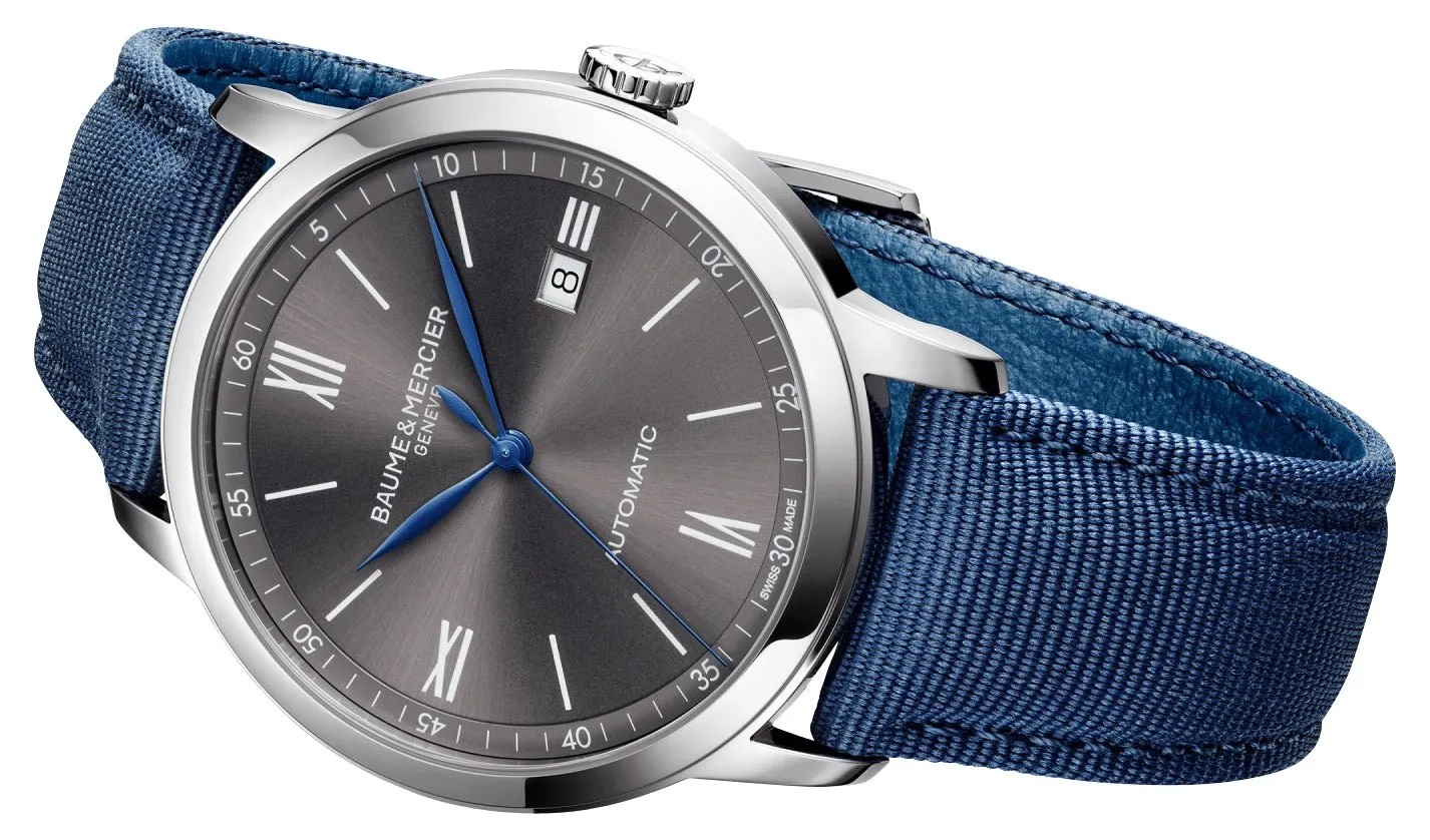 Baume & Mercier Classima Automatic Stainless Steel Gray Dial Blue Canvas Strap Date Mens Watch M0A10608