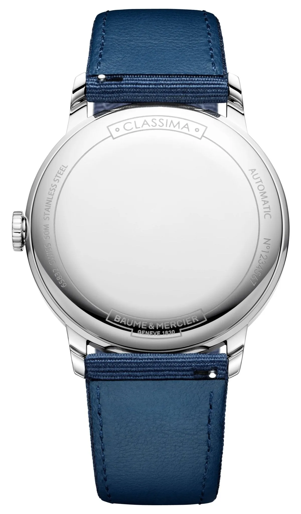 Baume & Mercier Classima Automatic Stainless Steel Gray Dial Blue Canvas Strap Date Mens Watch M0A10608