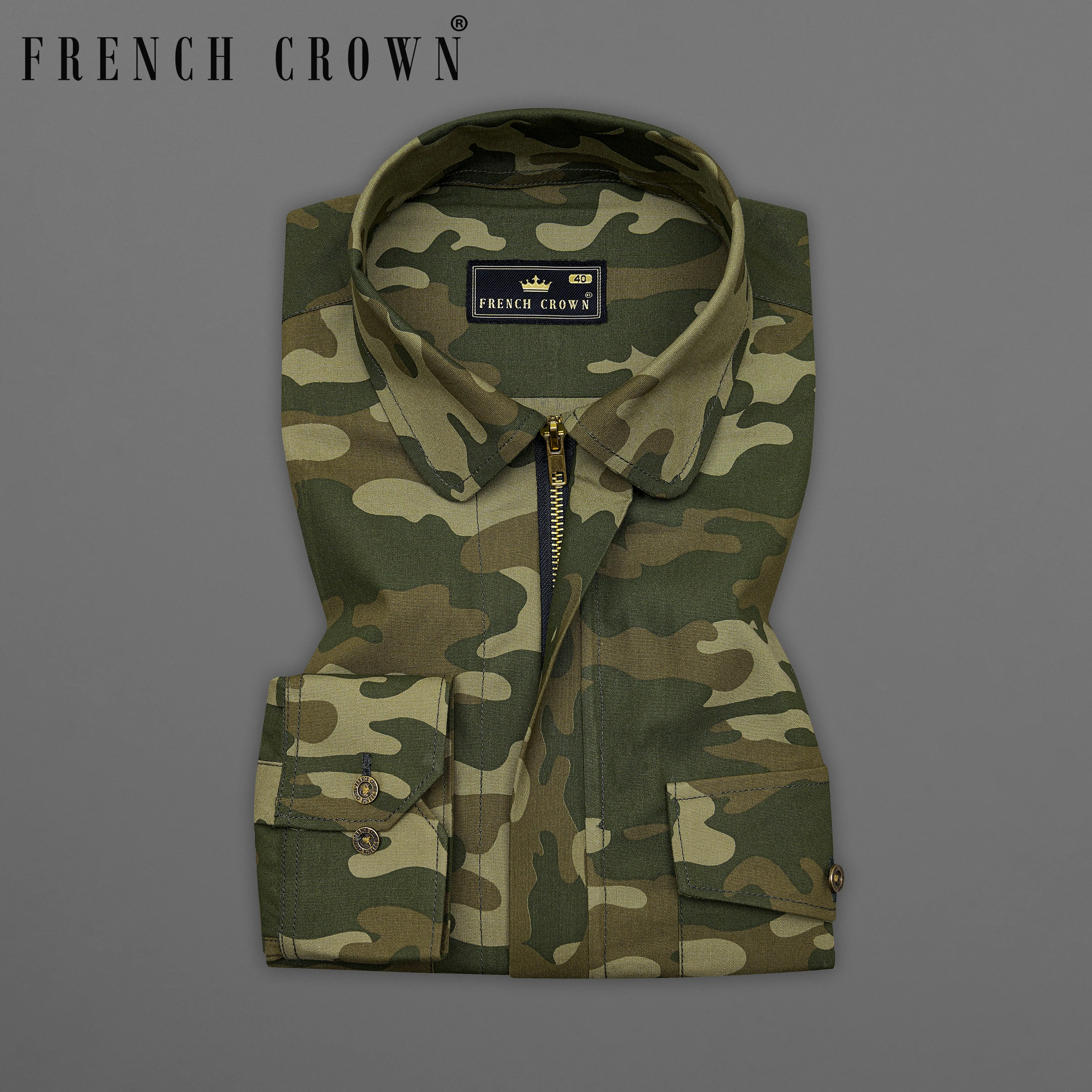 Bistre Green with Fuscous Brown Camouflage Printed Royal Oxford Designer zipper Jacket