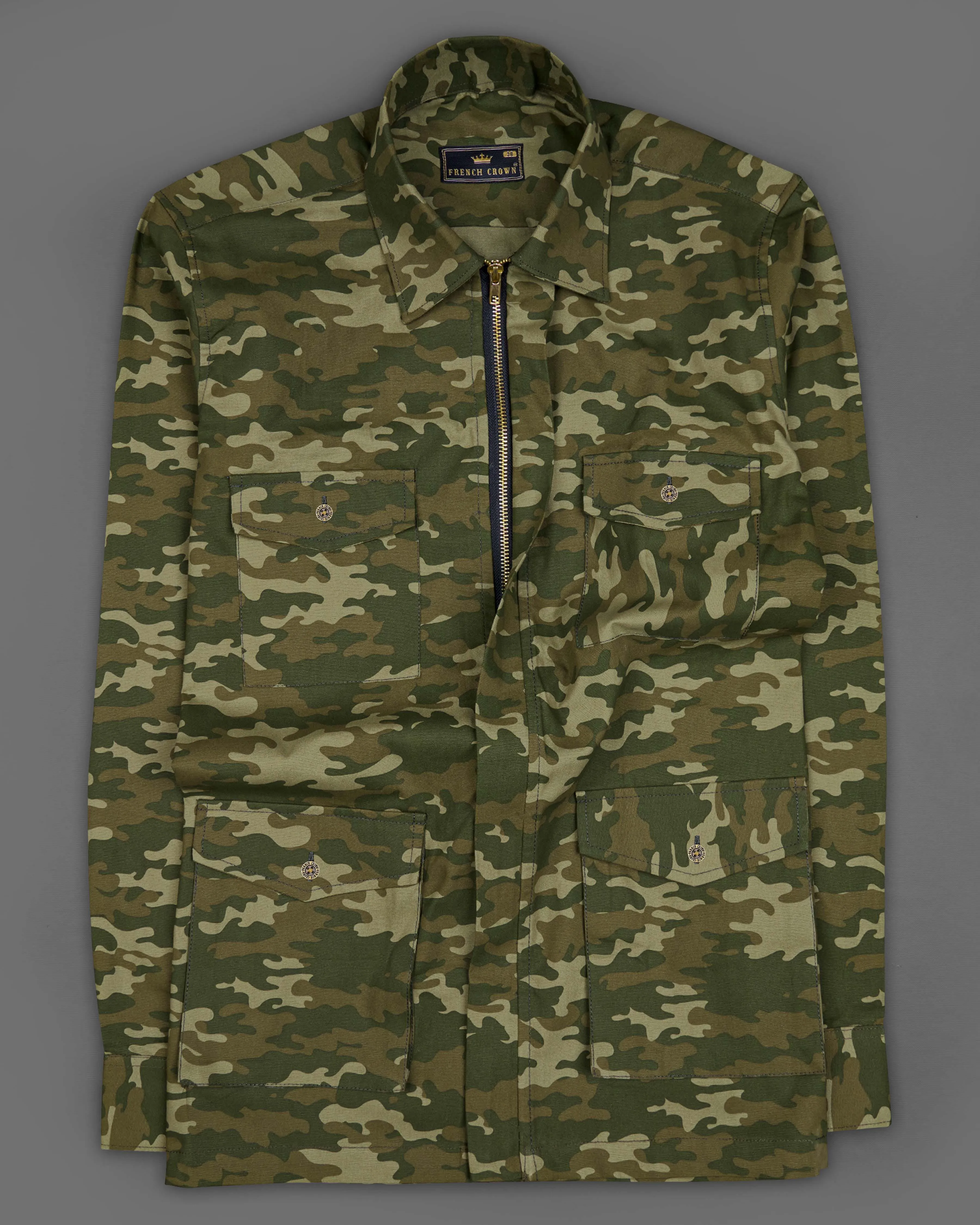 Bistre Green with Fuscous Brown Camouflage Printed Royal Oxford Designer zipper Jacket