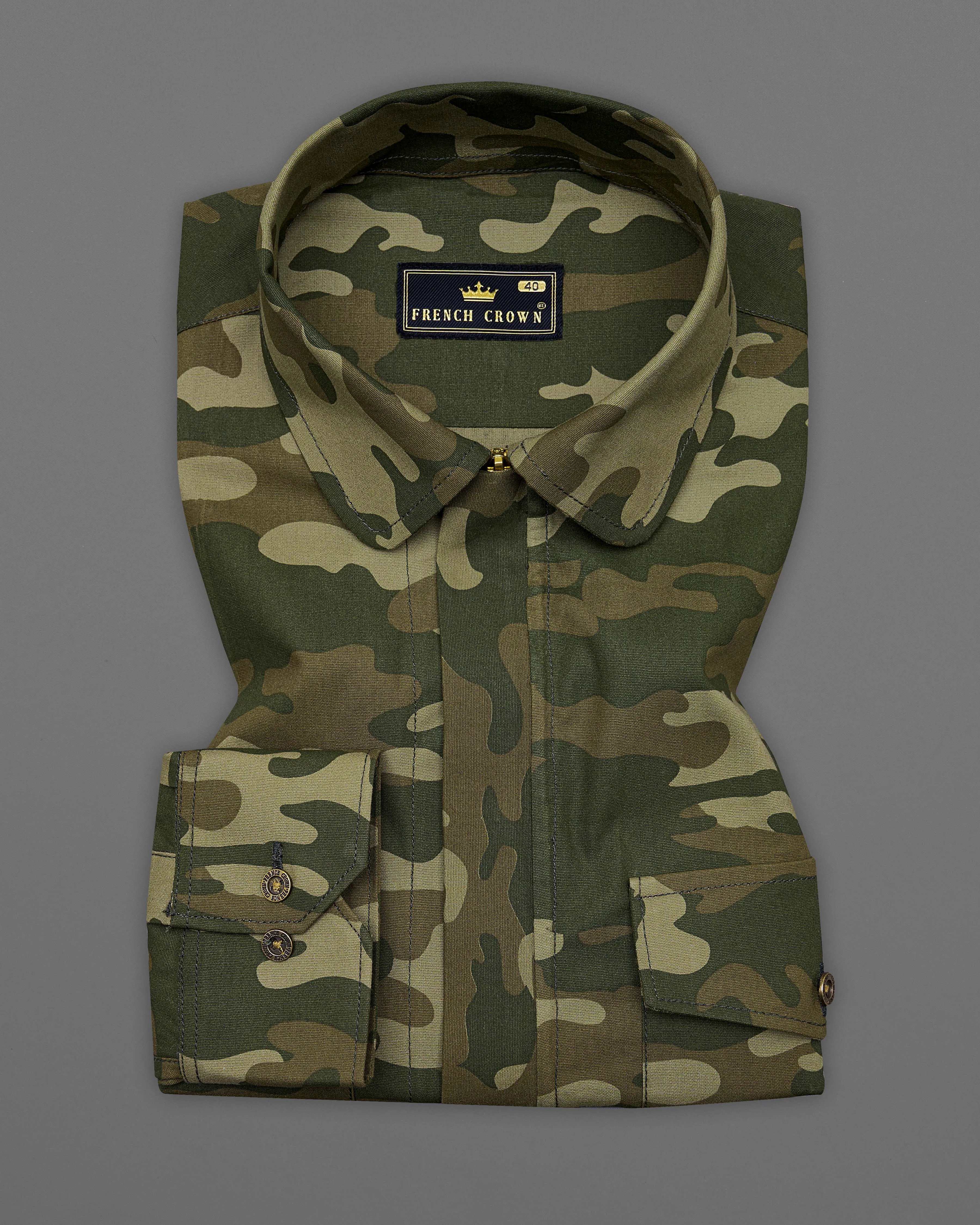 Bistre Green with Fuscous Brown Camouflage Printed Royal Oxford Designer zipper Jacket