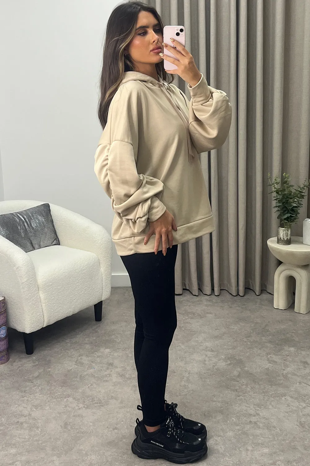 Carlee Beige Ruched Sleeve Satin Drawstring Hoodie