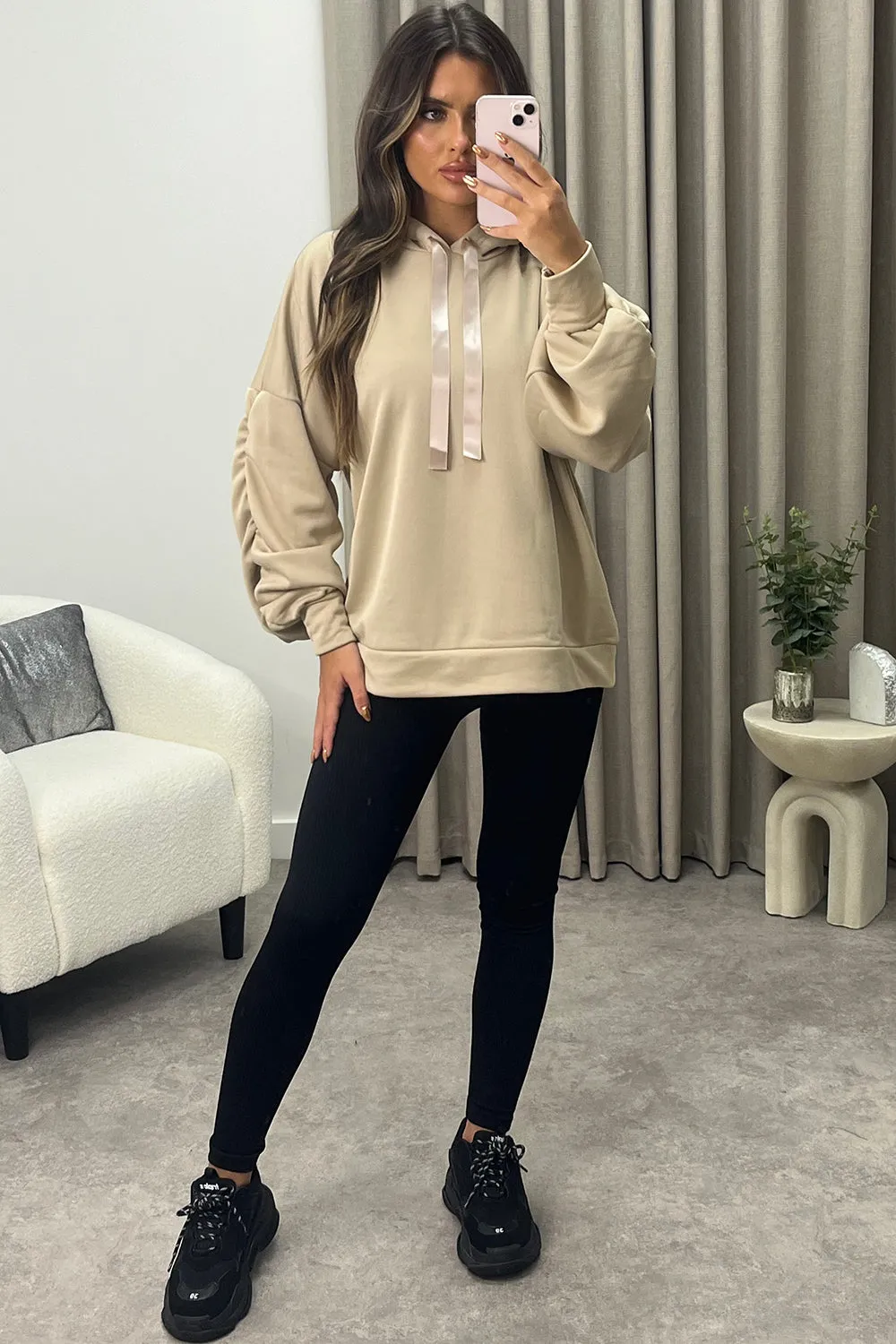 Carlee Beige Ruched Sleeve Satin Drawstring Hoodie
