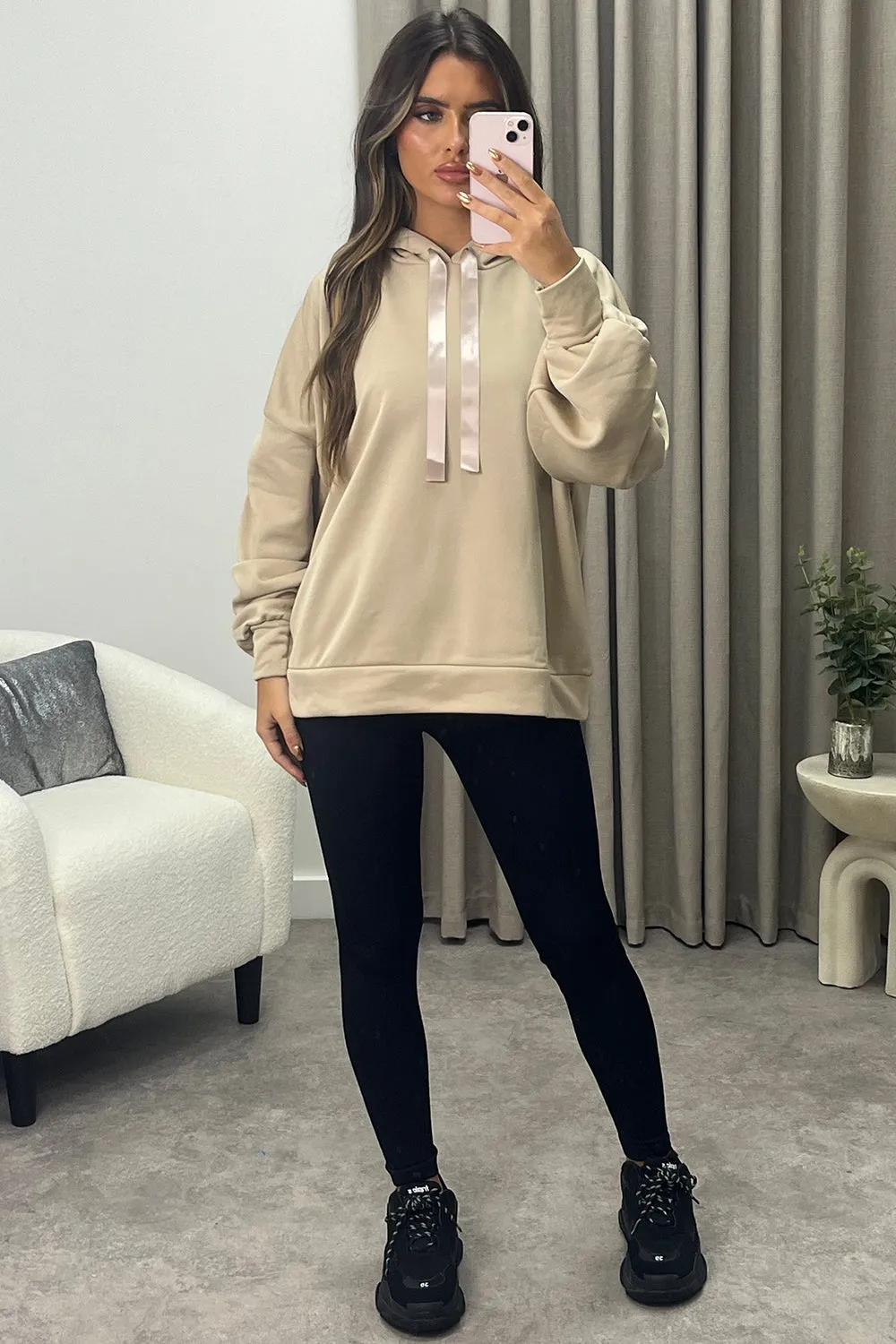 Carlee Beige Ruched Sleeve Satin Drawstring Hoodie