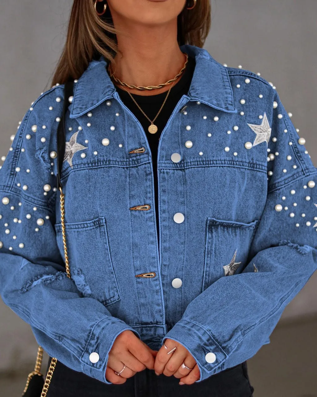 chouyatou Women's Fall Distressed Oversized Denim Jacket Embroidered Pearls Star Short Jean Jacket
