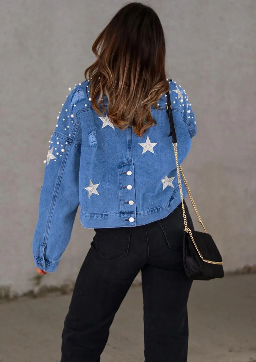 chouyatou Women's Fall Distressed Oversized Denim Jacket Embroidered Pearls Star Short Jean Jacket