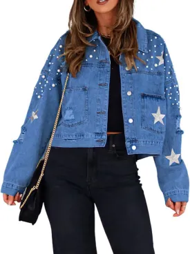 chouyatou Women's Fall Distressed Oversized Denim Jacket Embroidered Pearls Star Short Jean Jacket