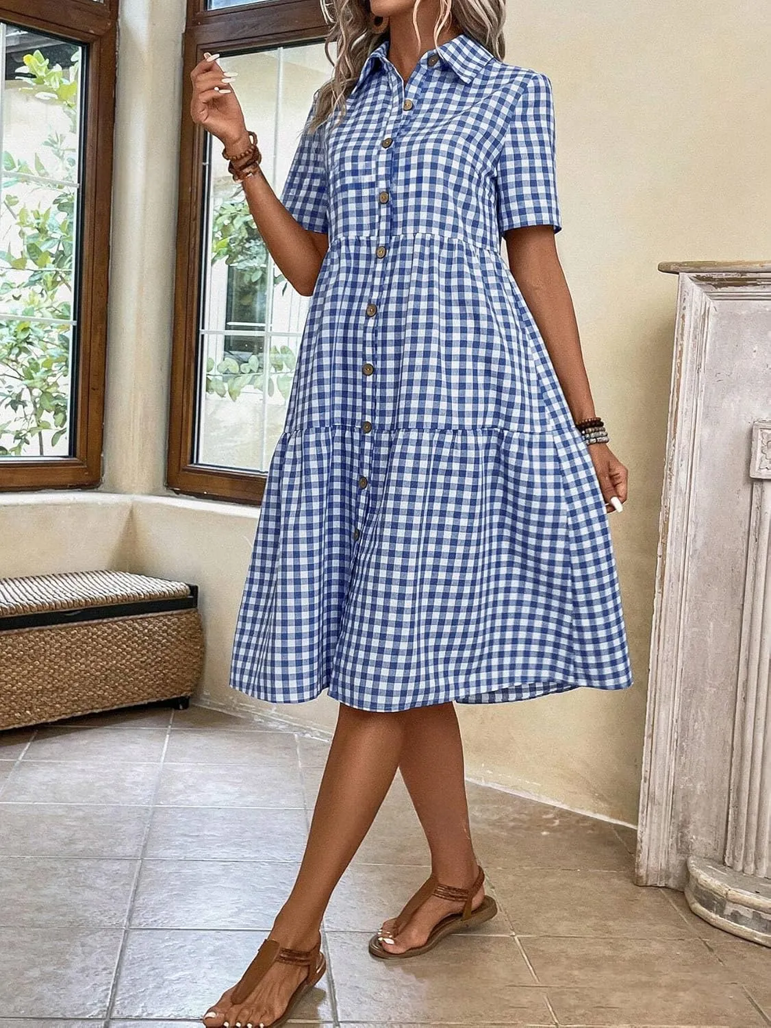 chouyatou Women's Plaid Short Sleeve Button Down Shirt Dress Retro Gingham Button Up Tunic Midi Long Dress
