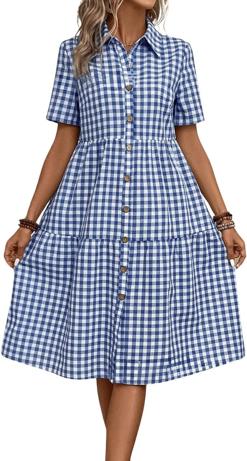 chouyatou Women's Plaid Short Sleeve Button Down Shirt Dress Retro Gingham Button Up Tunic Midi Long Dress
