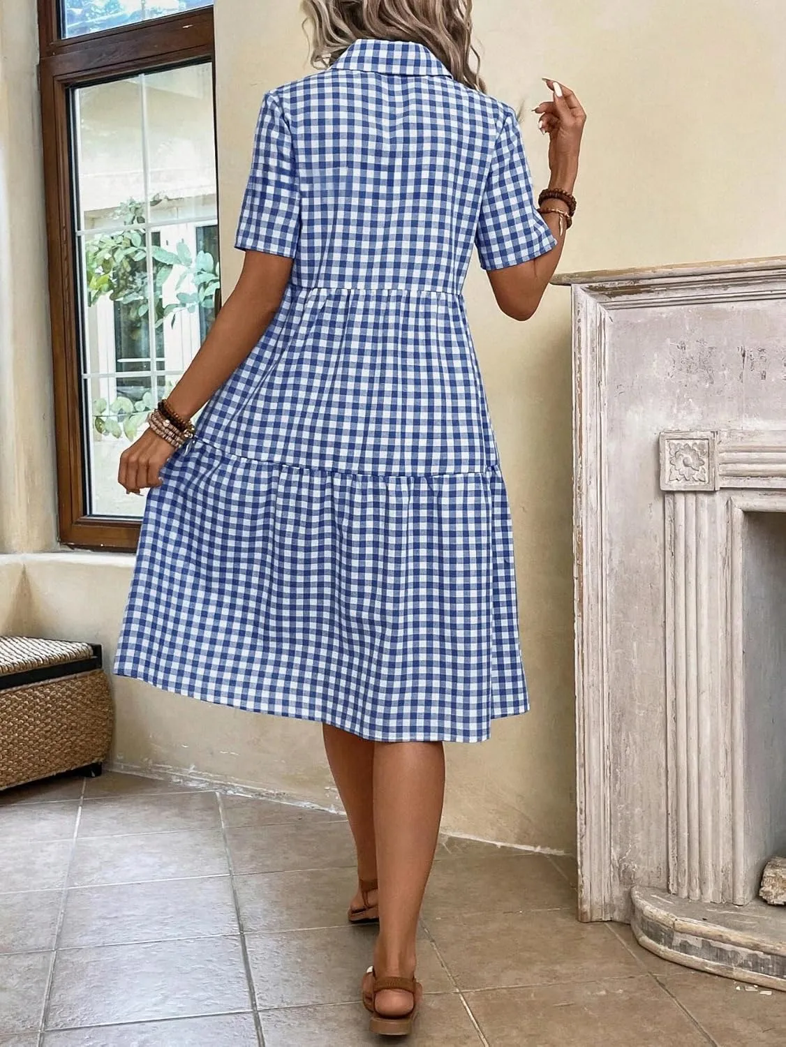 chouyatou Women's Plaid Short Sleeve Button Down Shirt Dress Retro Gingham Button Up Tunic Midi Long Dress