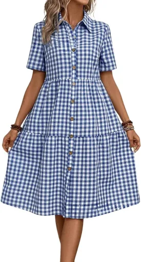 chouyatou Women's Plaid Short Sleeve Button Down Shirt Dress Retro Gingham Button Up Tunic Midi Long Dress