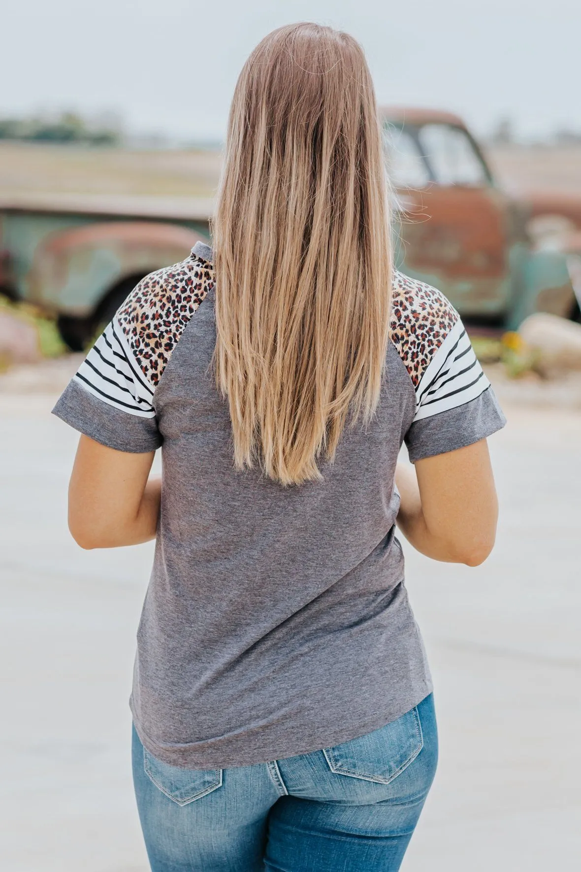 Complicated Love Stripes Leopard Short Sleeve Top in Charcoal