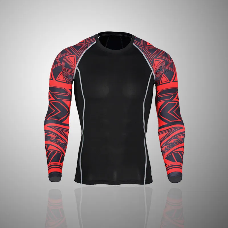 Crimson Abstract 2 Long Sleeve No Gi BJJ Compression Rash Guard & Leggings/Spats for Jiu Jitsu, MMA, Grappling & Wrestling Kit