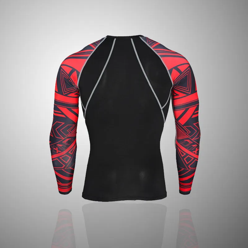 Crimson Abstract 2 Long Sleeve No Gi BJJ Compression Rash Guard & Leggings/Spats for Jiu Jitsu, MMA, Grappling & Wrestling Kit
