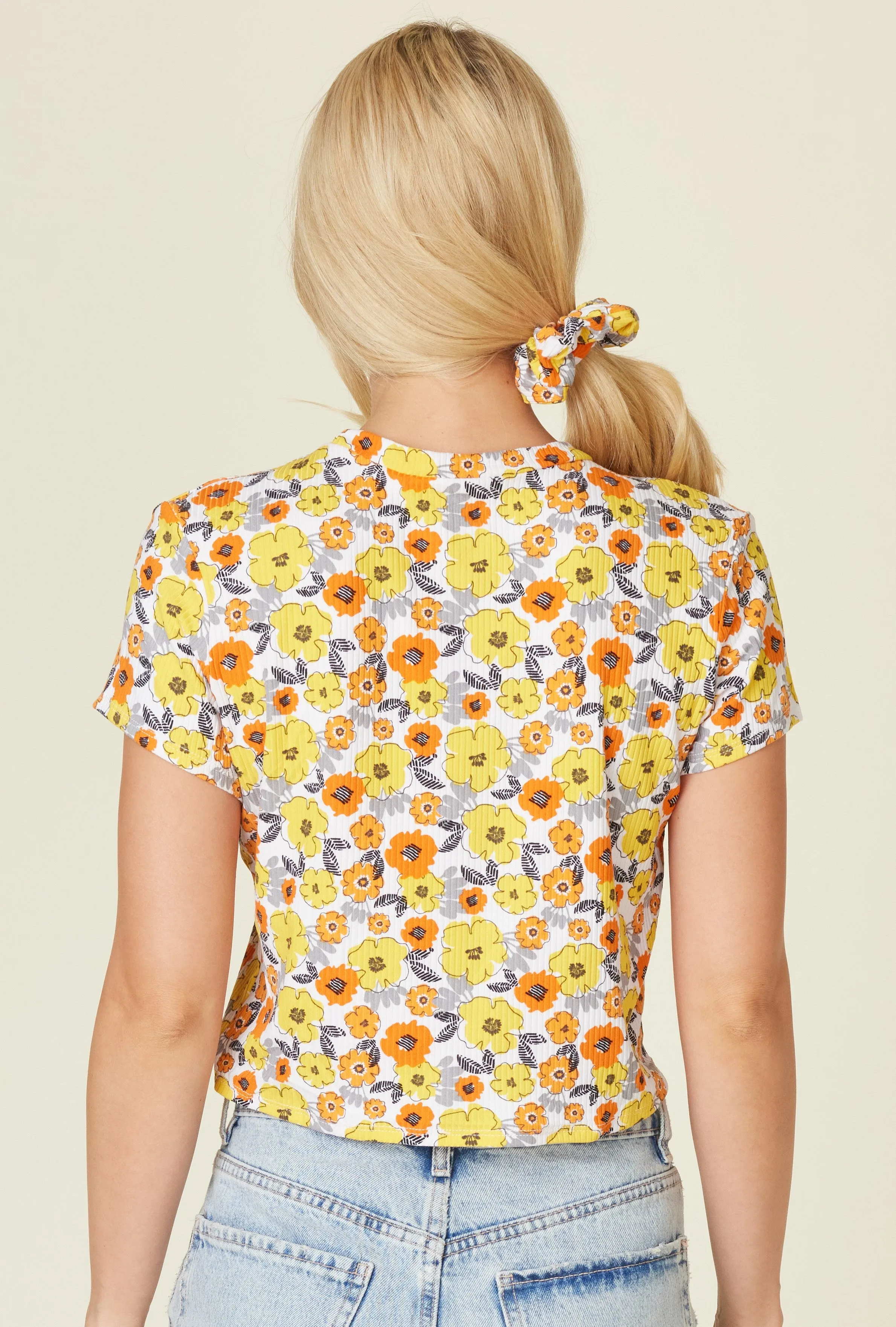 Crop Rib Knit Short Sleeve Tops with Matching Scrunchie - Yellow, Orange Floral