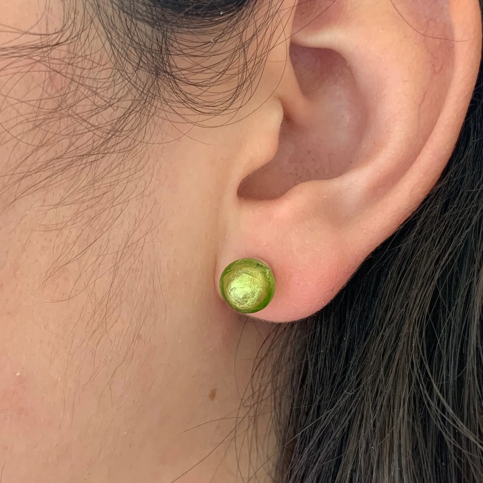 Earrings with light green (lime, peridot) Murano glass sphere studs on surgical steel posts