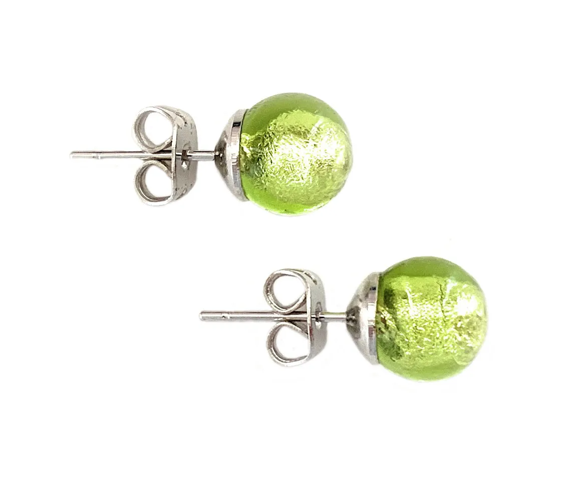 Earrings with light green (lime, peridot) Murano glass sphere studs on surgical steel posts