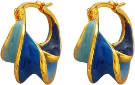 Enamel Twisted Hoop Earrings for Women French Buckle Vintage Earrings Blue Spiral Patterned Wave Earrings Jewelry