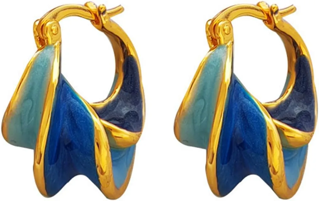 Enamel Twisted Hoop Earrings for Women French Buckle Vintage Earrings Blue Spiral Patterned Wave Earrings Jewelry