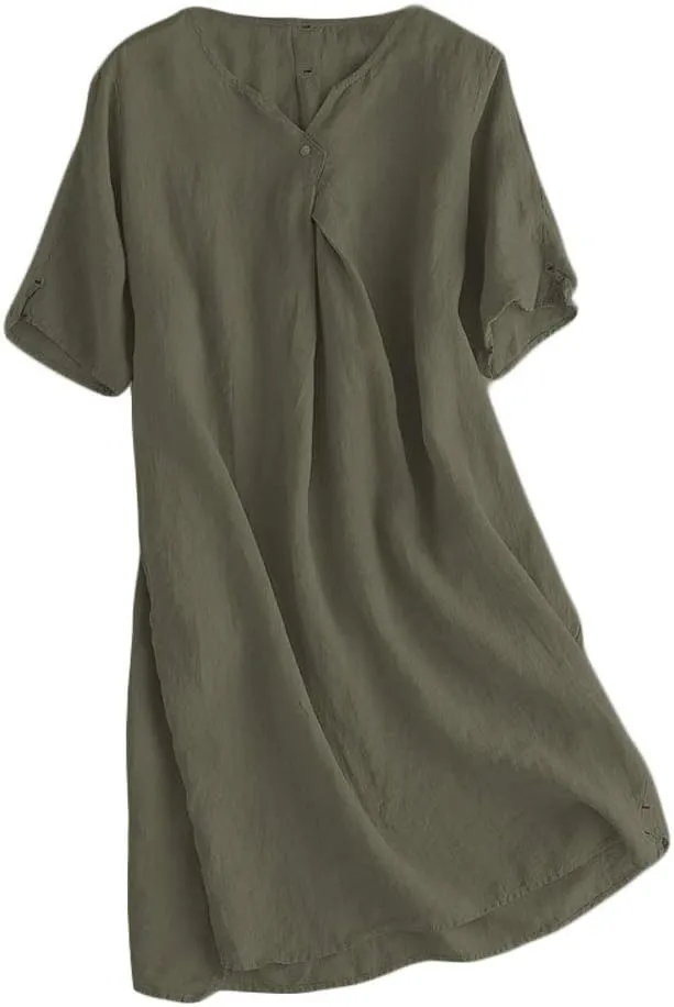 FTCayanz Women's Summer Tunic Dress V Neck Casual Loose Midi Dresses with Pockets