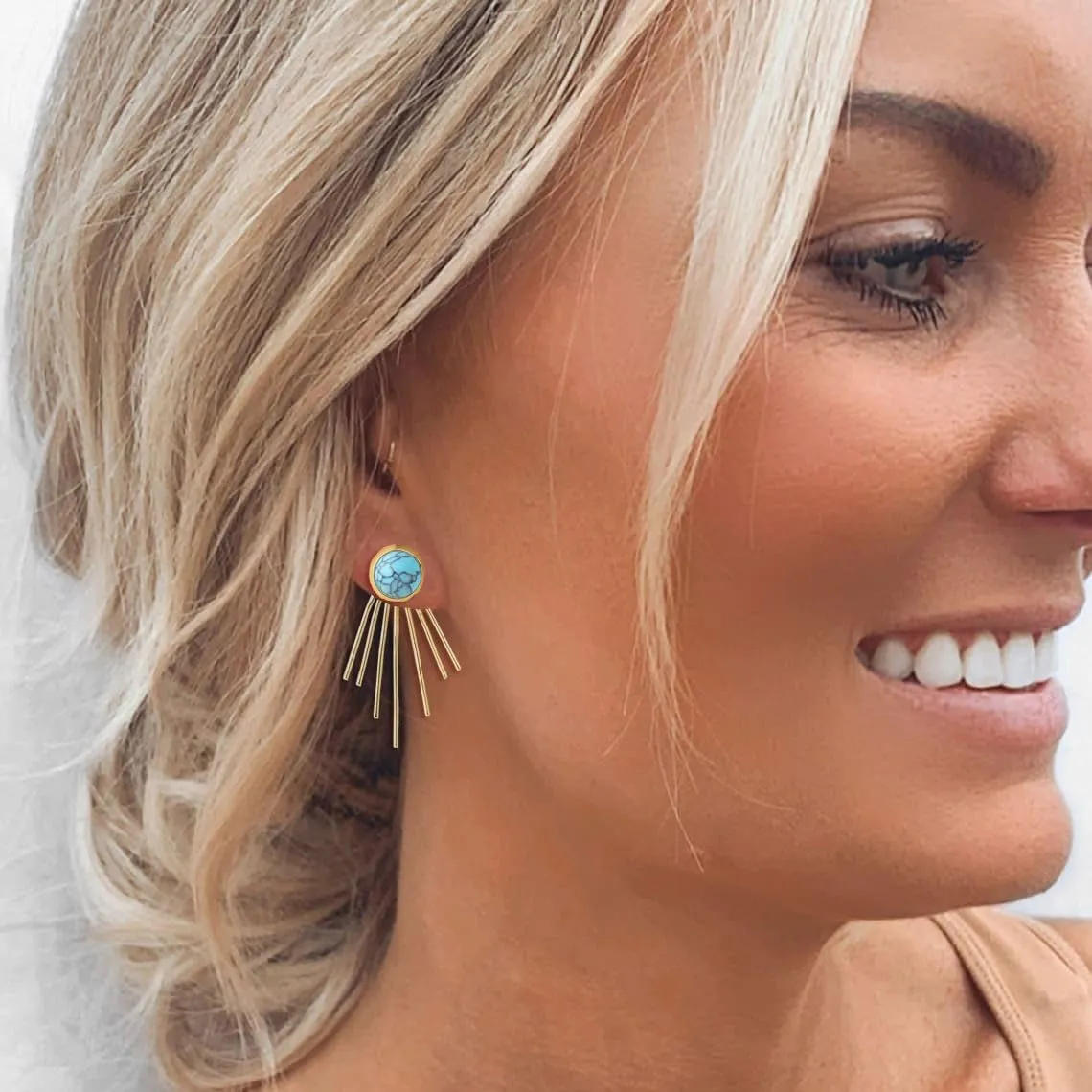 Golden Sun Ray Jacket Earrings Sunburst Charm Round Stone Ear Studs Modern Celestial Statement Earrings for Women