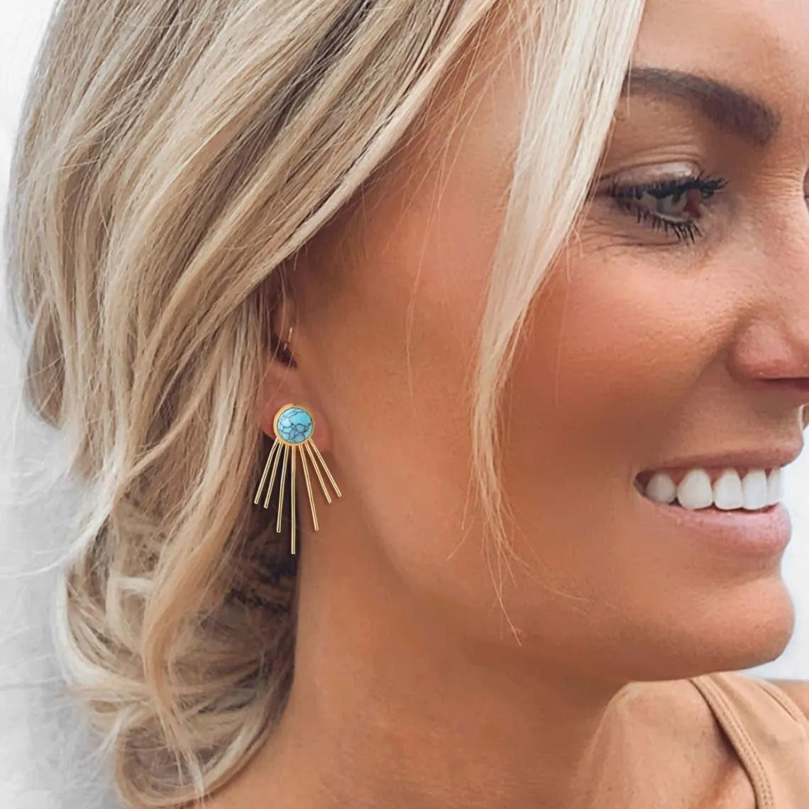 Golden Sun Ray Jacket Earrings Sunburst Charm Round Stone Ear Studs Modern Celestial Statement Earrings for Women