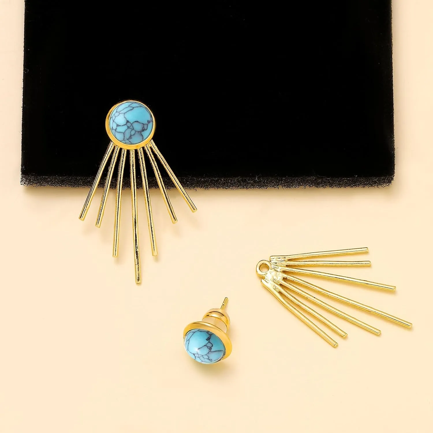 Golden Sun Ray Jacket Earrings Sunburst Charm Round Stone Ear Studs Modern Celestial Statement Earrings for Women