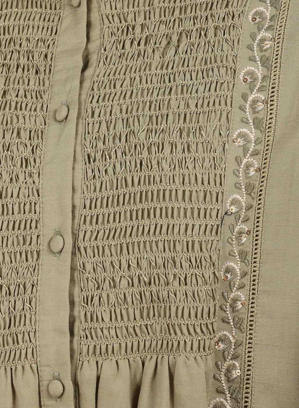 Green A Line Tunic with Smocking Front and Classic Collar