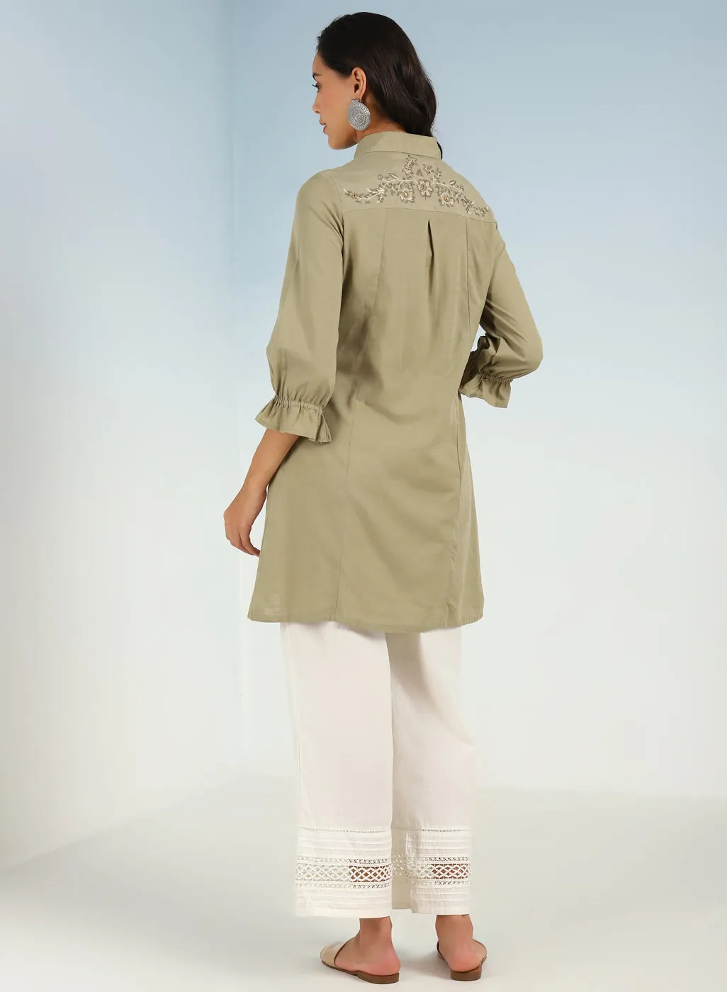 Green A Line Tunic with Smocking Front and Classic Collar