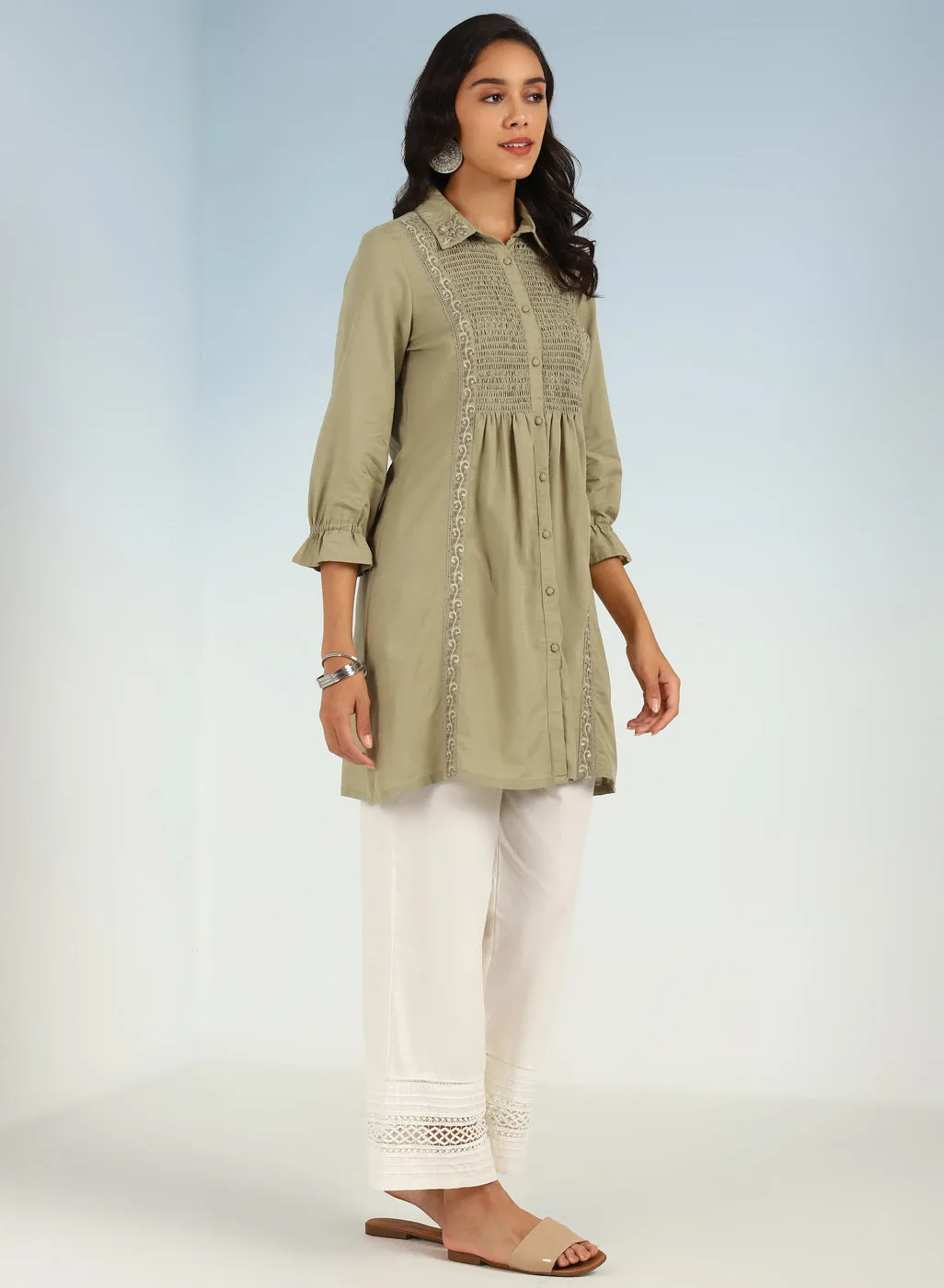 Green A Line Tunic with Smocking Front and Classic Collar