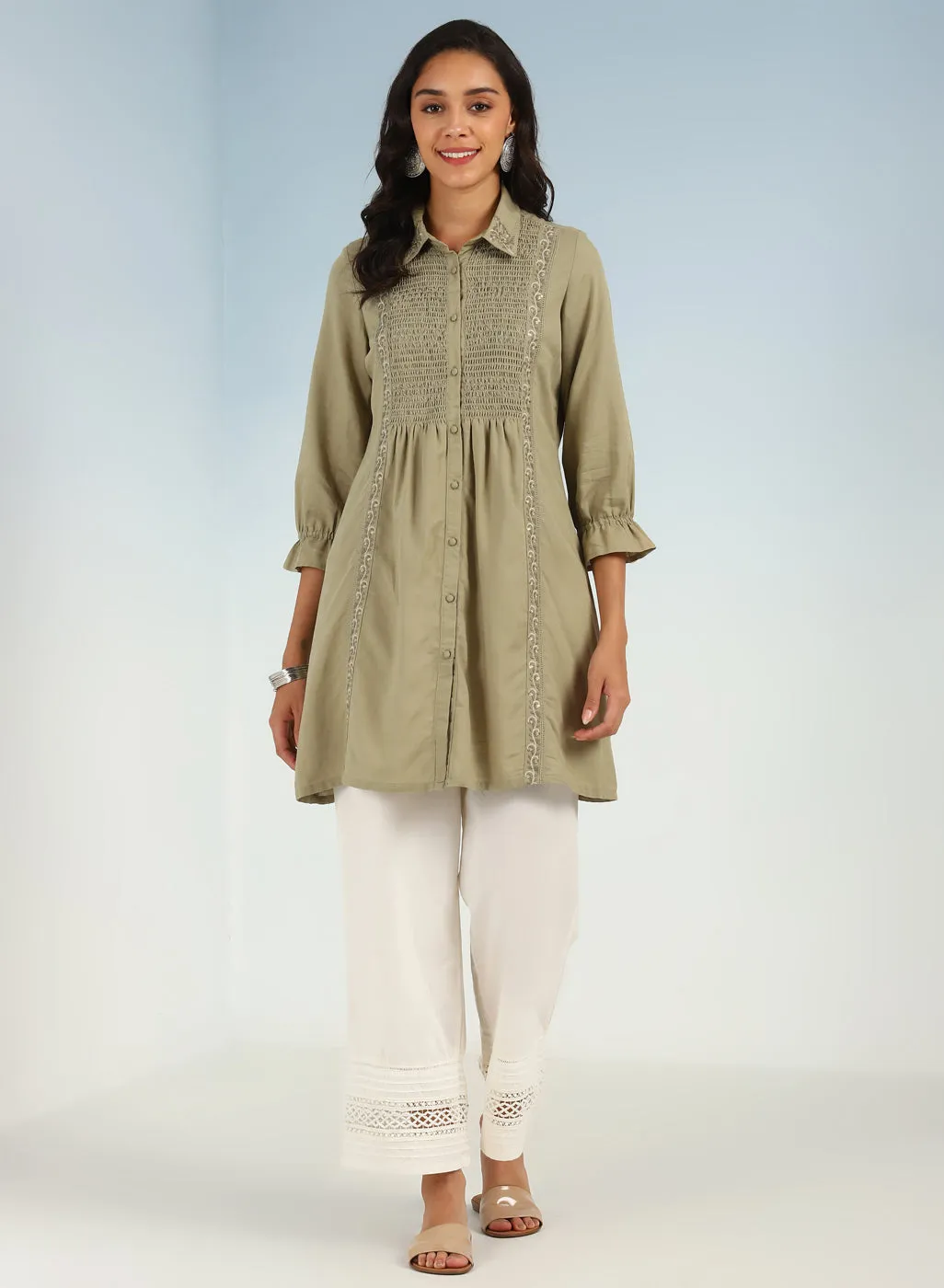 Green A Line Tunic with Smocking Front and Classic Collar