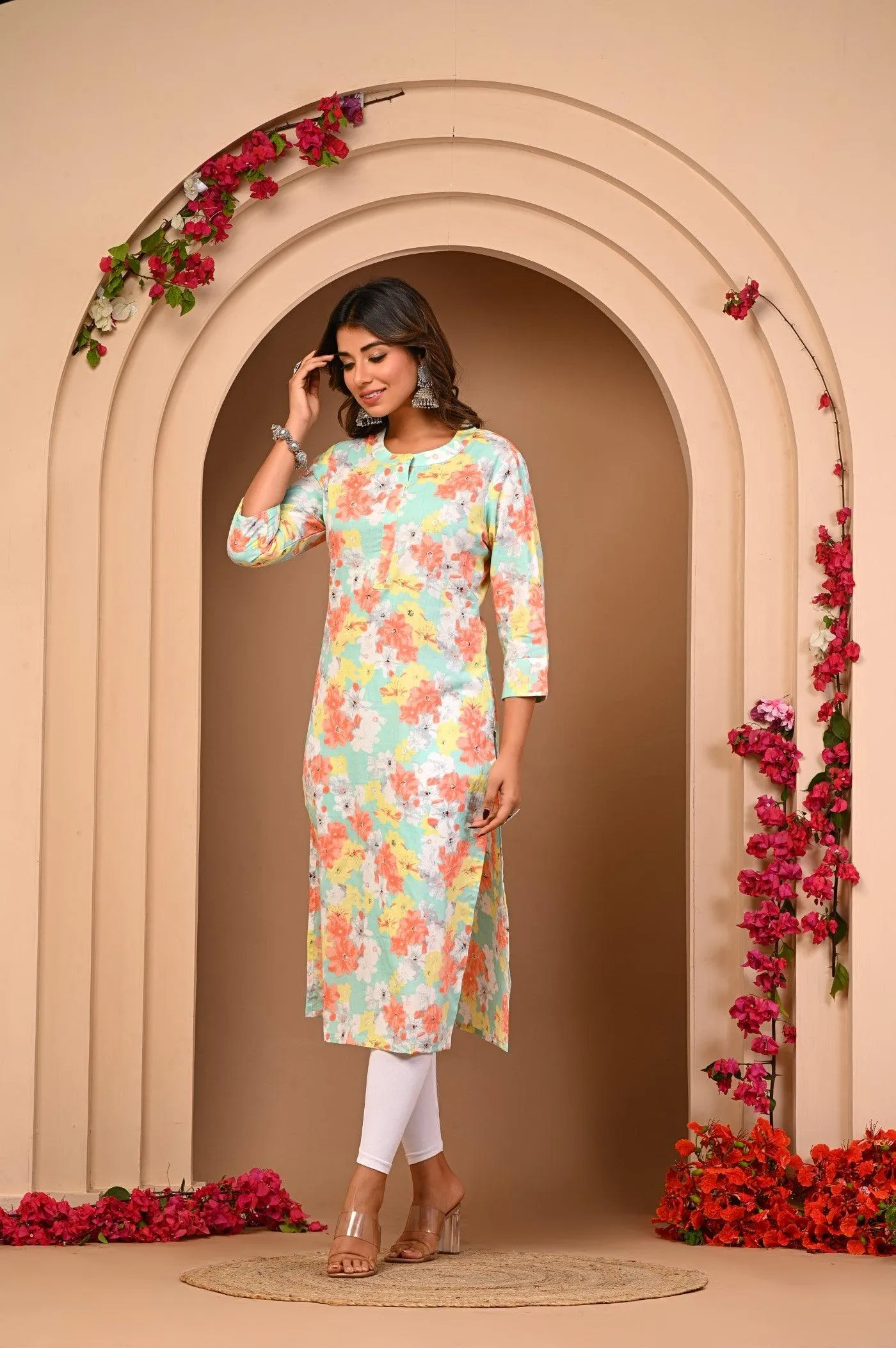 Green And Orenge Latest Flower Print Kurti