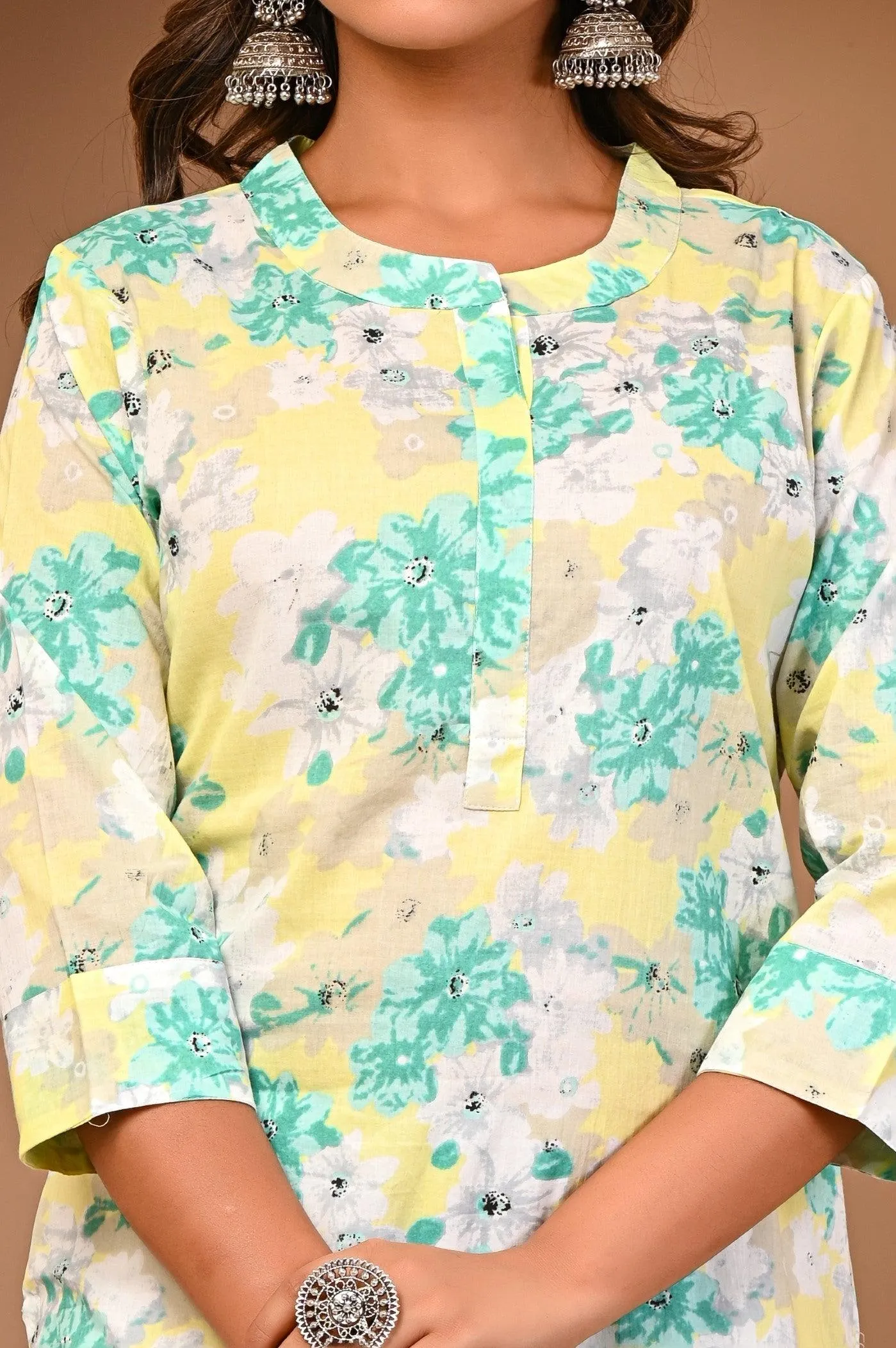 Green And Orenge Latest Flower Print Kurti