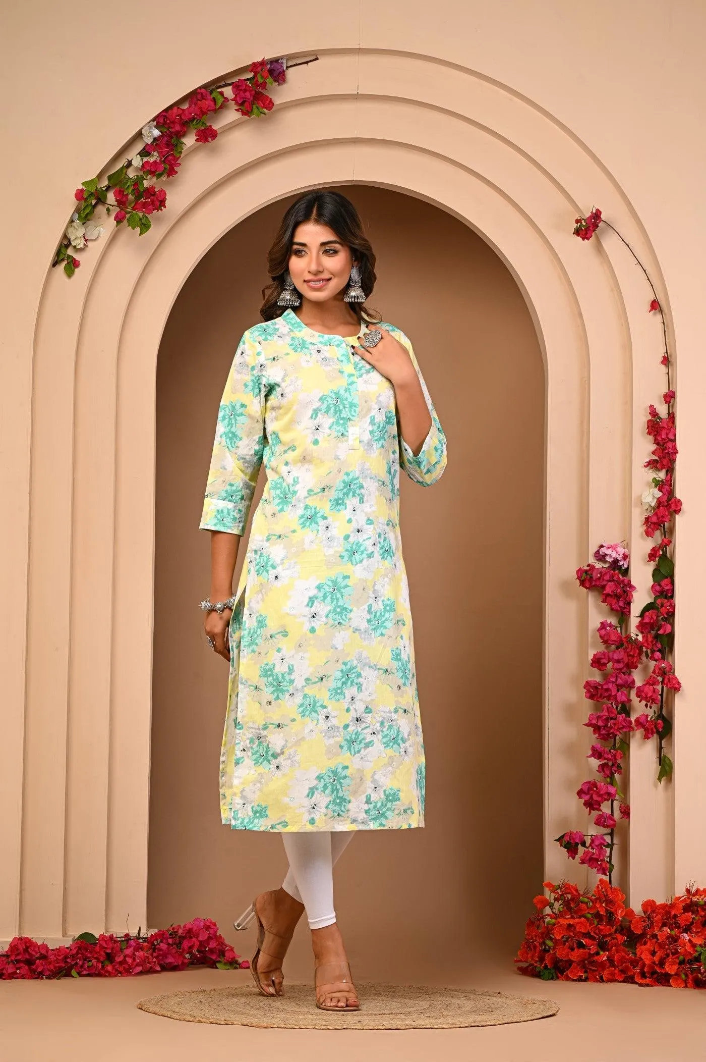 Green And Orenge Latest Flower Print Kurti