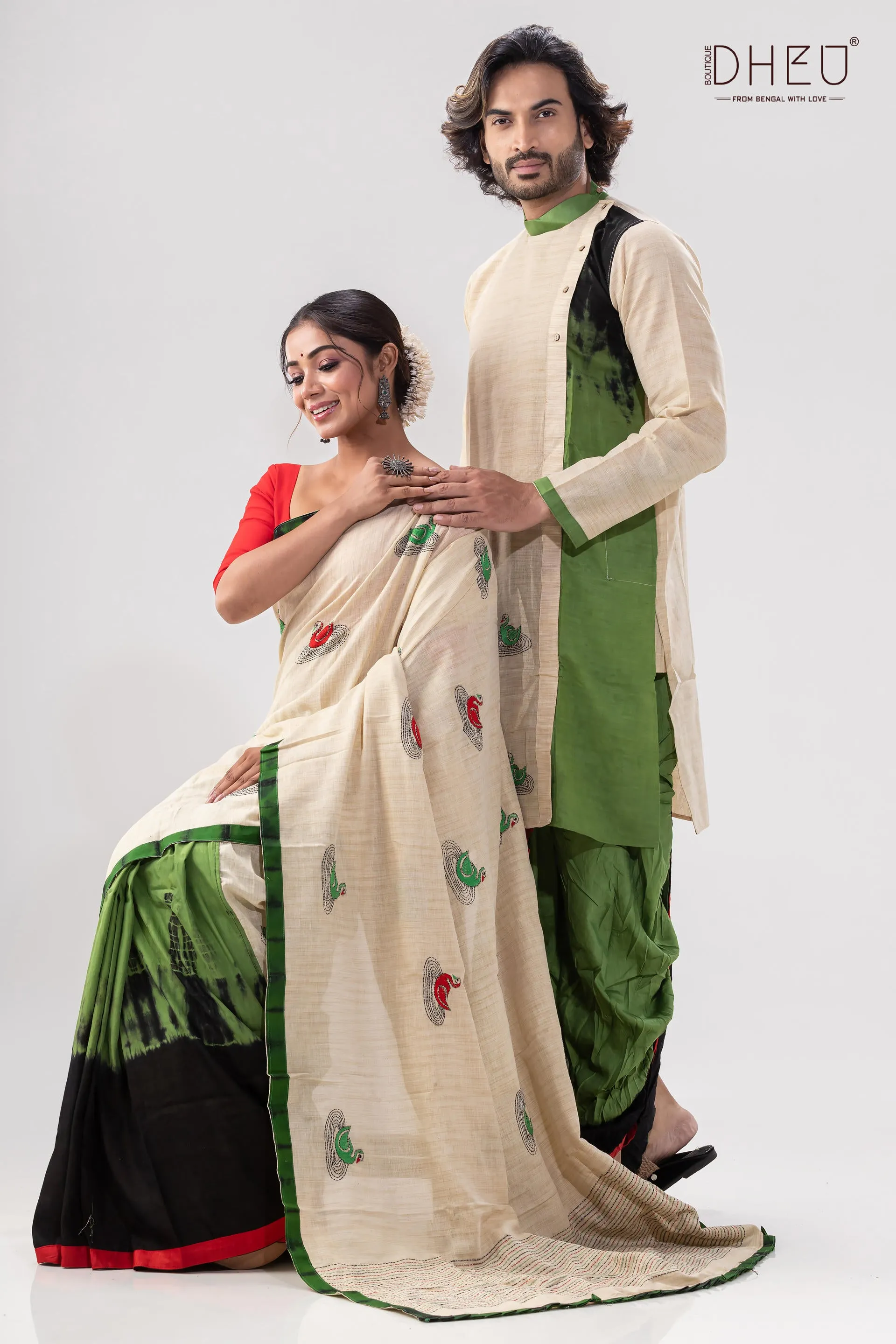 Traditional Hansjaru Kurta and Saree Matching Couple Set
