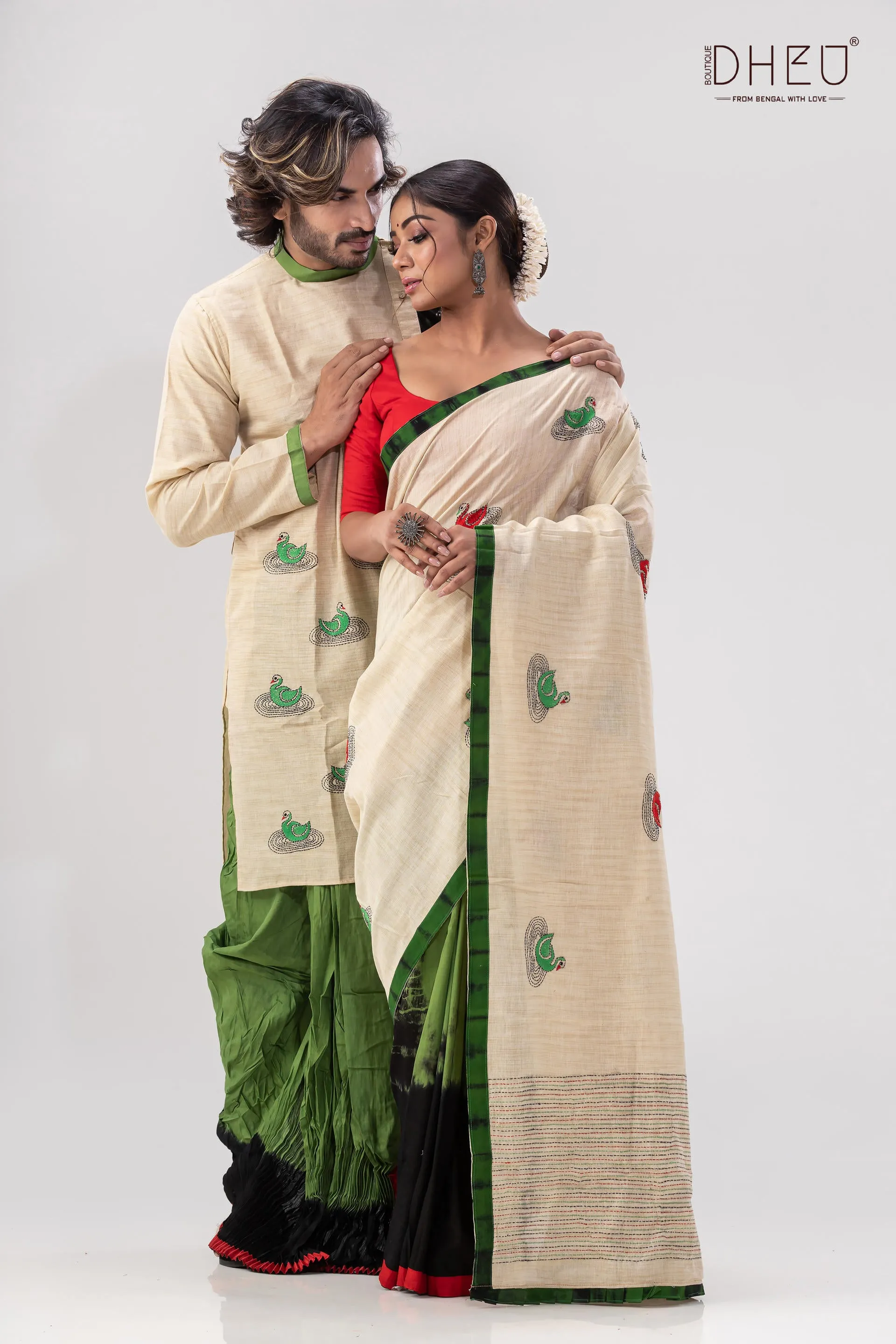 Traditional Hansjaru Kurta and Saree Matching Couple Set